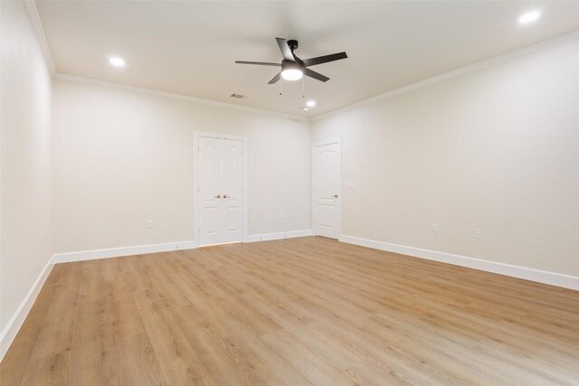 204 San Saba Dr, Georgetown, TX 78633 - unfurnished room with crown molding, ceiling fan, light wood-style flooring, recessed lighting, and visible vents