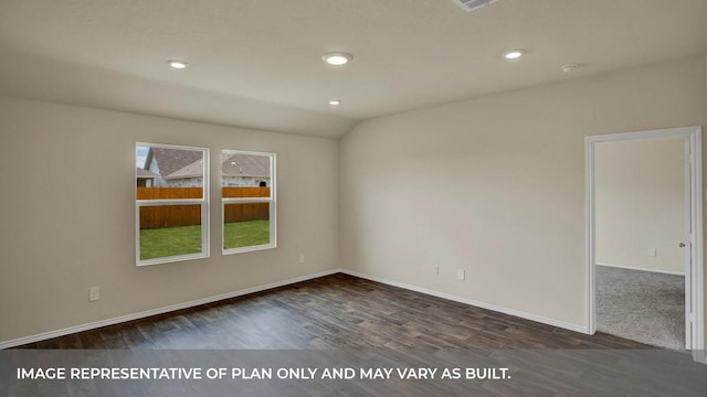 empty room featuring lofted ceiling, wood finished floors, recessed lighting, and baseboards