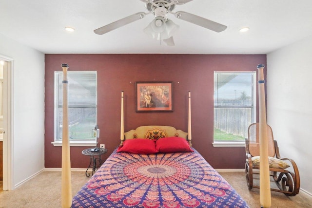 carpeted bedroom with baseboards, ceiling fan, and recessed lighting