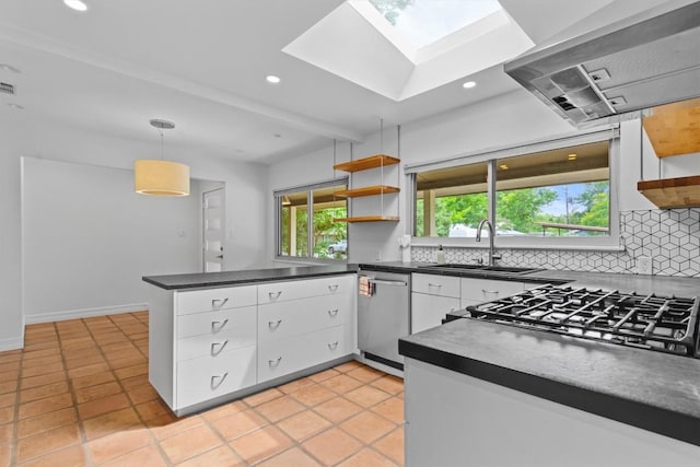 kitchen featuring stainless steel dishwasher, open shelves, a sink, a peninsula, and a skylight