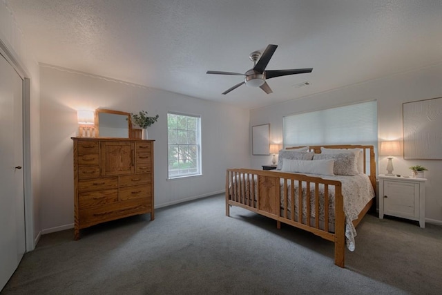 bedroom with baseboards, carpet, and ceiling fan