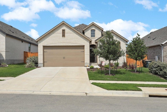 view of front facade with concrete driveway, a front yard, and a garage