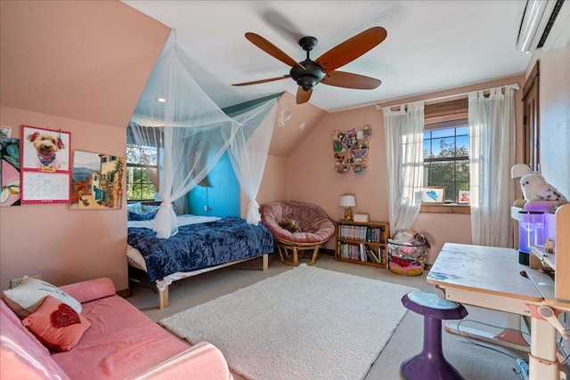 bedroom featuring carpet flooring, ceiling fan, a wall unit AC, and vaulted ceiling