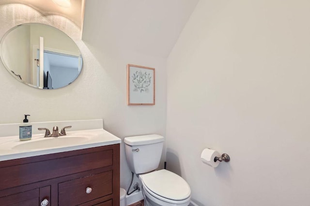 2106 Valerian Trl, Round Rock, TX 78665 - bathroom with toilet, vanity, and vaulted ceiling