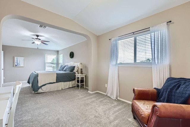 2106 Valerian Trl, Round Rock, TX 78665 - bedroom featuring carpet floors, vaulted ceiling, baseboards, and ceiling fan