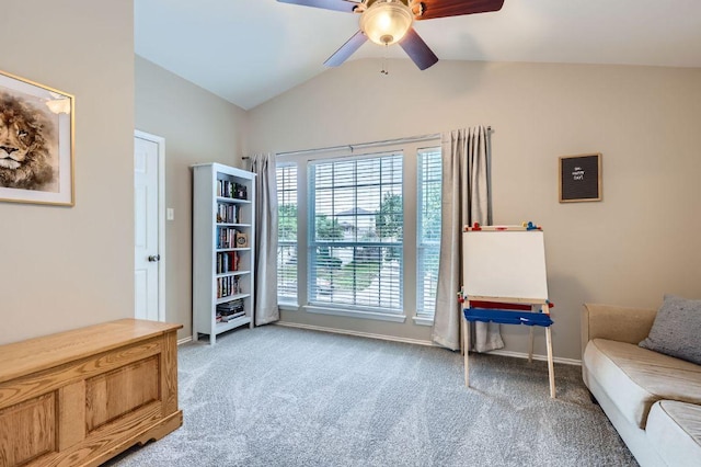 2106 Valerian Trl, Round Rock, TX 78665 - living area with carpet, a ceiling fan, baseboards, and vaulted ceiling