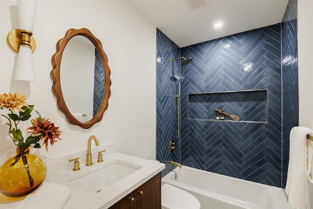 bathroom with washtub / shower combination, vanity, toilet, recessed lighting, and visible vents
