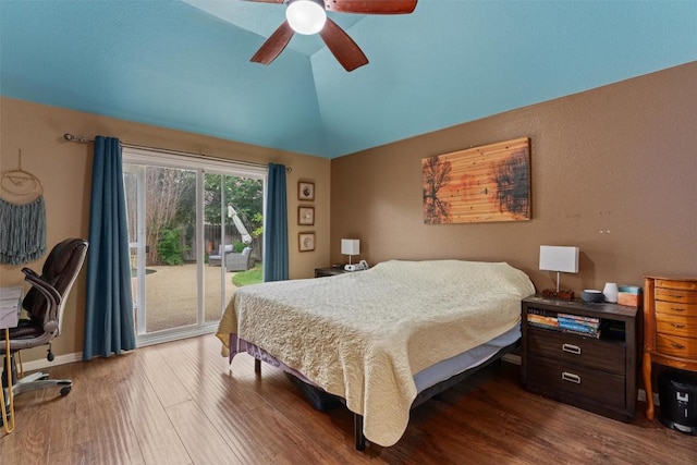 bedroom with ceiling fan, vaulted ceiling, dark wood finished floors, and access to exterior