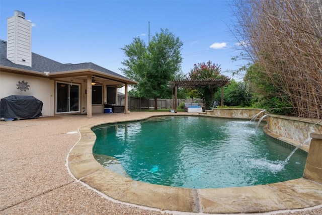 view of swimming pool featuring a ceiling fan, a patio area, a fenced in pool, a fenced backyard, and a pergola