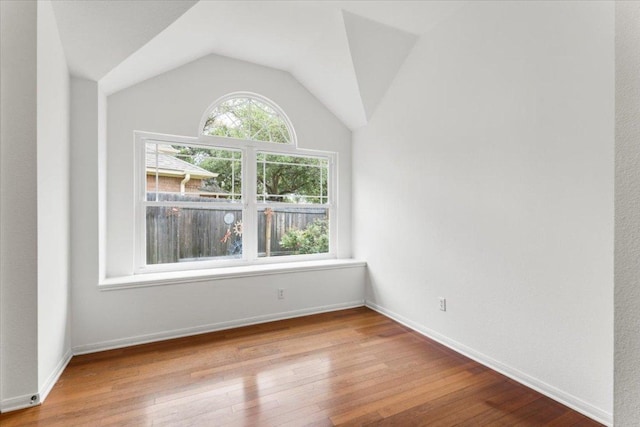 spare room featuring wood-type flooring, baseboards, and lofted ceiling