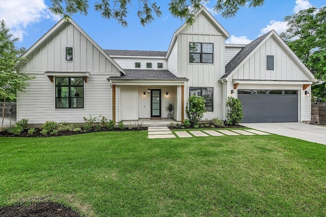 1105 Lipan Trl, Austin, TX 78733 - modern farmhouse with board and batten siding, driveway, roof with shingles, and a front yard