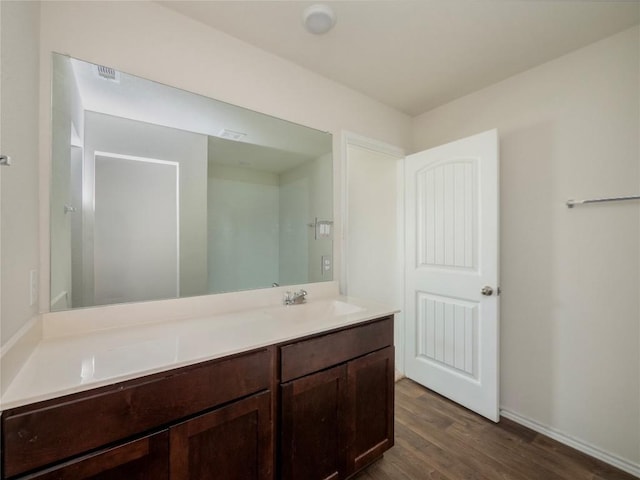 205 Granary Dr, Kyle, TX 78640 - bathroom with vanity, baseboards, wood finished floors, and visible vents