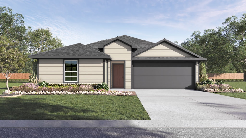 211 Morett Dr, Uhland, TX 78640 - ranch-style home with fence, concrete driveway, a front yard, and a garage