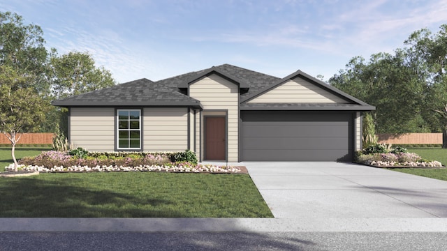 211 Morett Dr, Uhland, TX 78640 - ranch-style home with fence, concrete driveway, a front yard, and a garage
