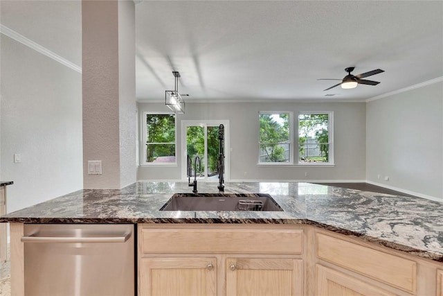 kitchen with a sink, crown molding, stainless steel dishwasher, and a healthy amount of sunlight