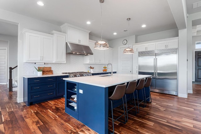 kitchen featuring dark wood-style flooring, a sink, under cabinet range hood, blue cabinets, and appliances with stainless steel finishes