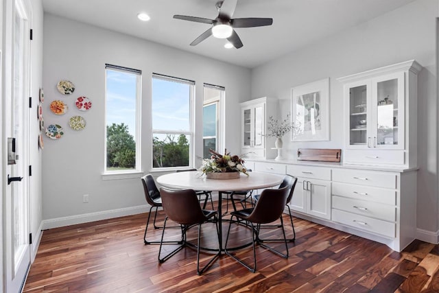 dining area featuring a ceiling fan, baseboards, recessed lighting, and dark wood-style floors