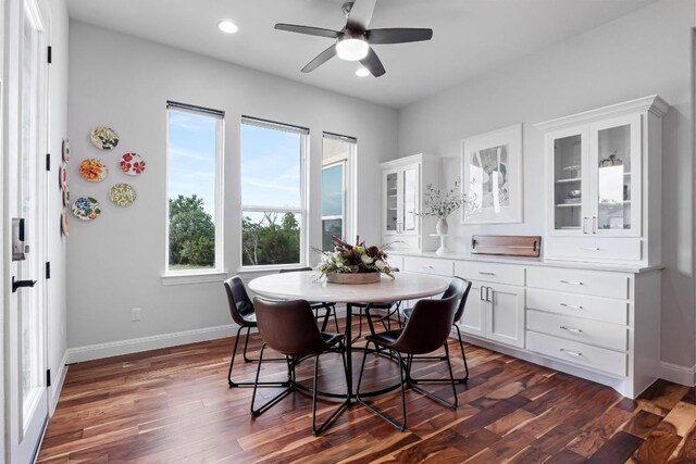 504 Loyal June Trl, Leander, TX 78641 - dining area featuring dark wood-style flooring, a ceiling fan, and recessed lighting