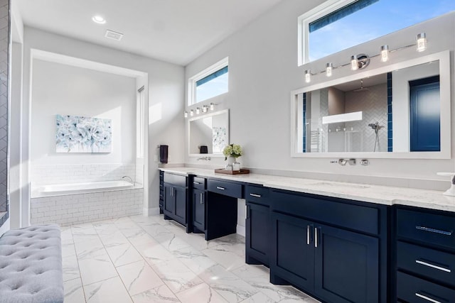 full bath featuring visible vents, vanity, marble finish floor, a garden tub, and tiled shower