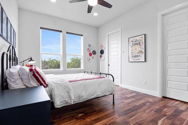 504 Loyal June Trl, Leander, TX 78641 - bedroom featuring dark wood-type flooring, baseboards, recessed lighting, and ceiling fan