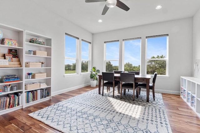 504 Loyal June Trl, Leander, TX 78641 - dining room with wood finished floors, a ceiling fan, and recessed lighting