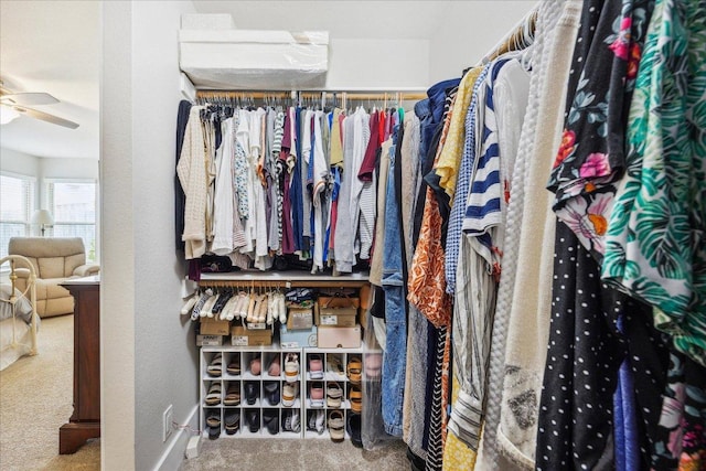 spacious closet with carpet floors and a ceiling fan