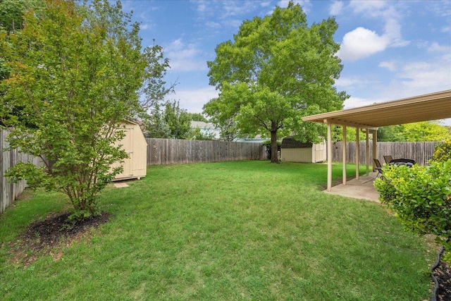 view of yard featuring a fenced backyard, an outdoor structure, a patio area, and a shed