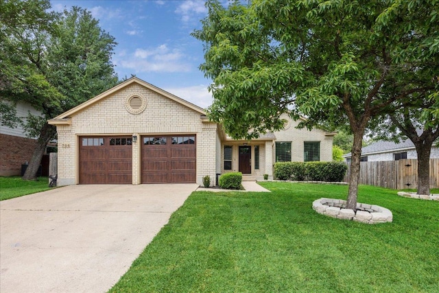 ranch-style house with a front lawn, fence, brick siding, concrete driveway, and an attached garage