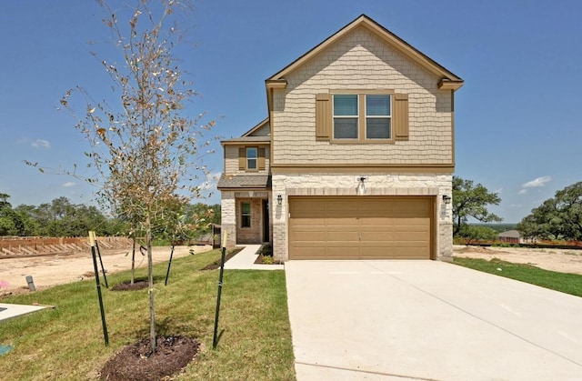12126 Cantabria Rd, Austin, TX 78748 - craftsman-style home featuring a garage, driveway, a front lawn, and stone siding