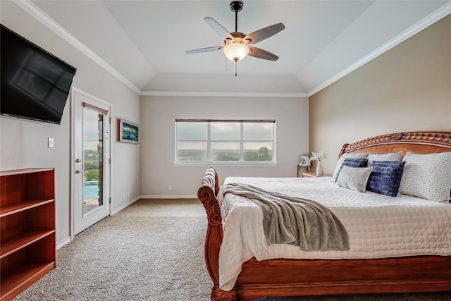 3606 Bunyan Cir, Lago Vista, TX 78645 - carpeted bedroom with multiple windows, access to exterior, ceiling fan, vaulted ceiling, and baseboards