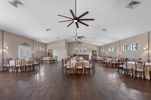 178 Pine Tree Loop, Bastrop, TX 78602 - dining area with wood finished floors, ceiling fan, and high vaulted ceiling