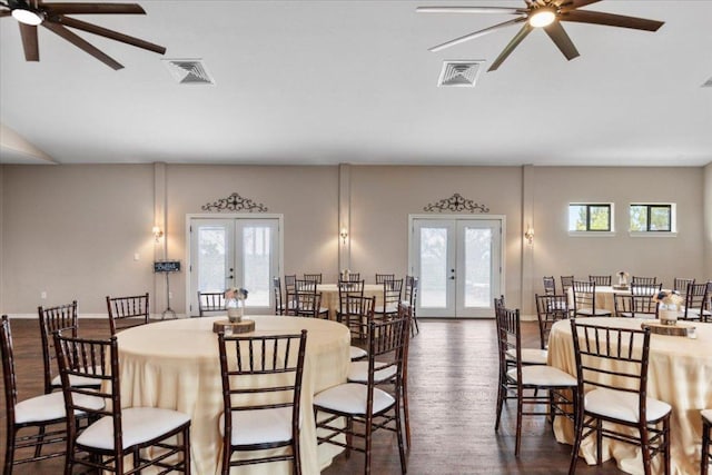 dining space featuring a ceiling fan, visible vents, and french doors
