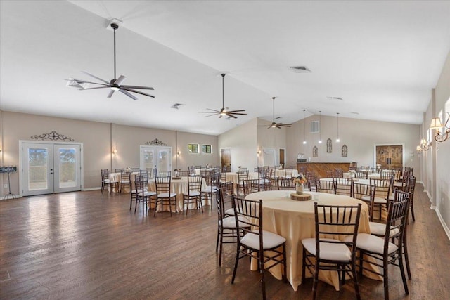 dining area with french doors, ceiling fan, dark wood-style floors, and visible vents