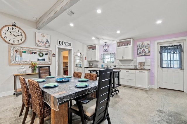 dining space with baseboards, concrete flooring, recessed lighting, and visible vents
