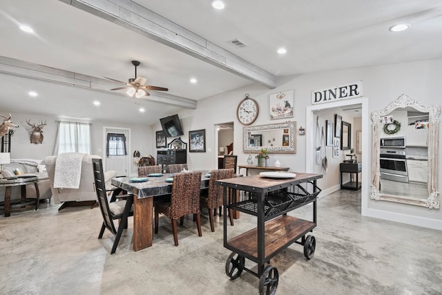 dining space with visible vents, recessed lighting, and finished concrete floors