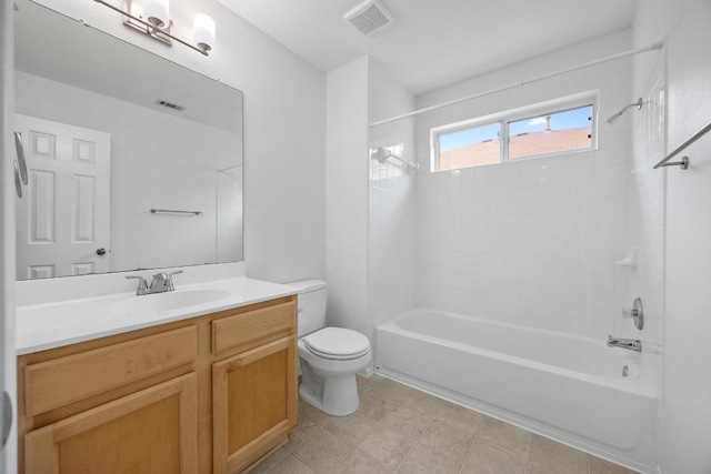 full bathroom with washtub / shower combination, vanity, toilet, and visible vents