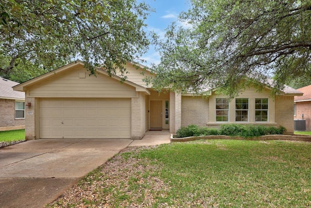 single story home featuring central AC, a front lawn, brick siding, a garage, and concrete driveway