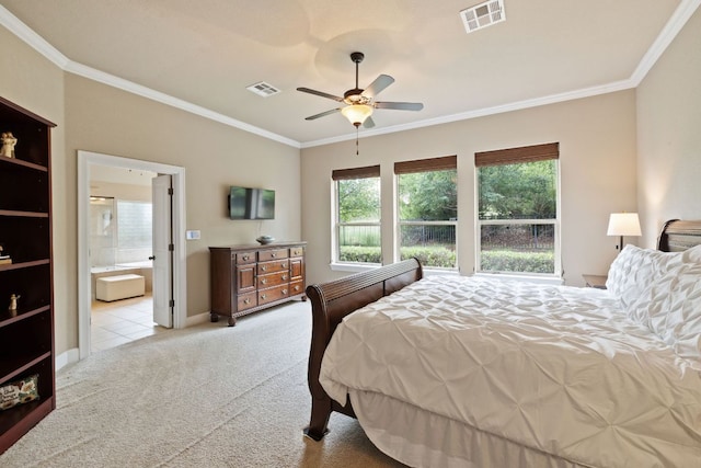 13358 Mesa Verde Dr, Austin, TX 78737 - bedroom featuring multiple windows, ornamental molding, carpet flooring, ensuite bathroom, and a ceiling fan