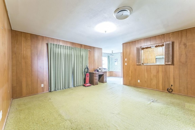 spare room featuring carpet floors and wood walls