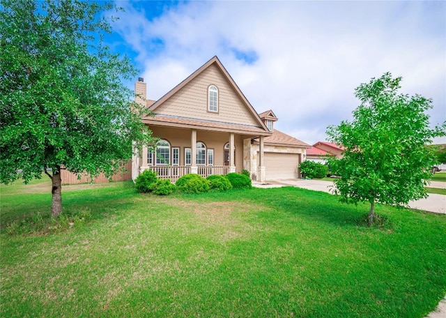 view of front of house featuring a garage, a front lawn, covered porch, and a chimney