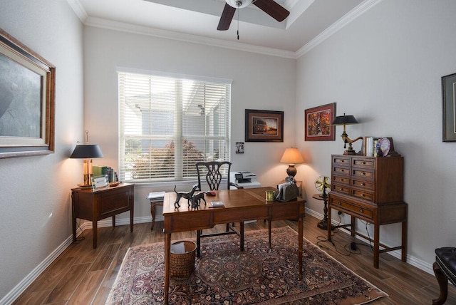home office with crown molding, baseboards, a ceiling fan, and wood finished floors
