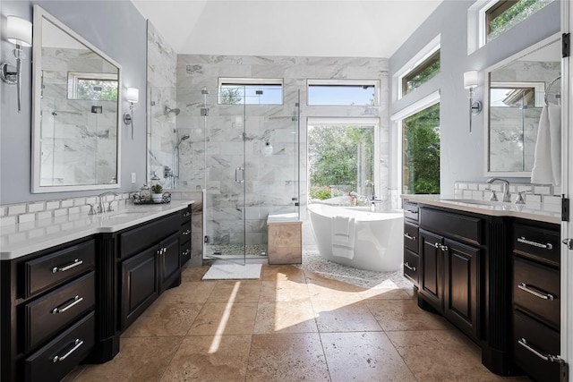 full bathroom with a shower stall, a wealth of natural light, and a sink