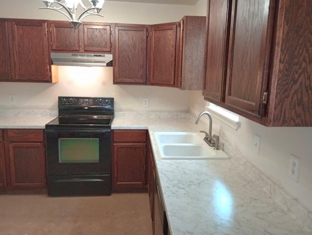 6637 River Oaks Dr, Kingsland, TX 78639 - kitchen with black / electric stove, under cabinet range hood, a sink, and light countertops