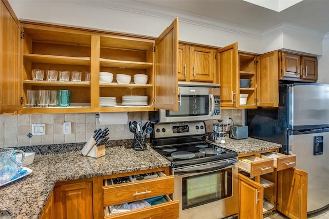 3404 American Dr Unit 2306, Lago Vista, TX 78645 - kitchen with ornamental molding, open shelves, stainless steel appliances, and brown cabinetry