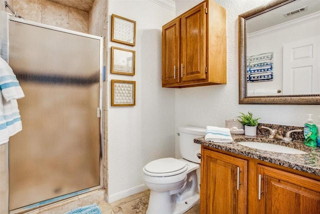 3404 American Dr Unit 2306, Lago Vista, TX 78645 - bathroom featuring visible vents, ornamental molding, a stall shower, and toilet