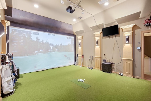 cinema featuring visible vents, carpet, recessed lighting, and golf simulator