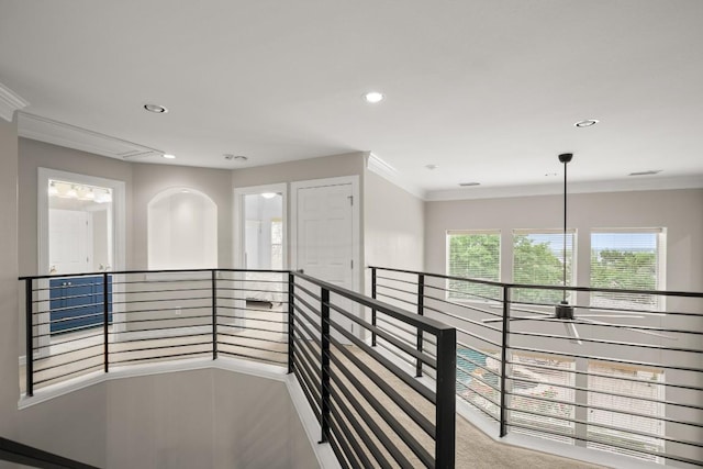 601 Scenic Path, Leander, TX 78641 - corridor with an upstairs landing, attic access, crown molding, and recessed lighting