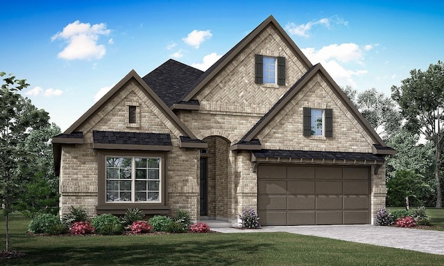 8416 Bouvreuil Dr, Austin, TX 78738 - french provincial home featuring a front lawn, an attached garage, driveway, brick siding, and roof with shingles