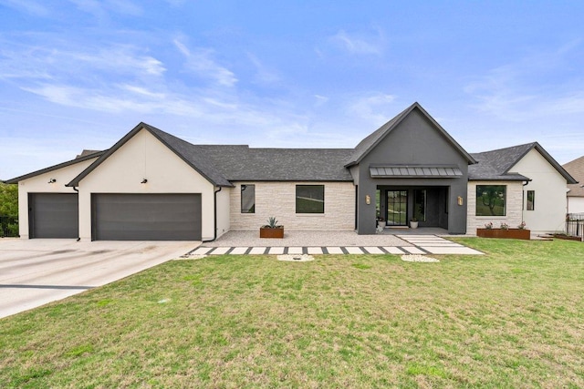 modern farmhouse featuring a front lawn, stone siding, stucco siding, concrete driveway, and an attached garage