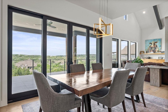 dining room featuring high vaulted ceiling and light wood-type flooring